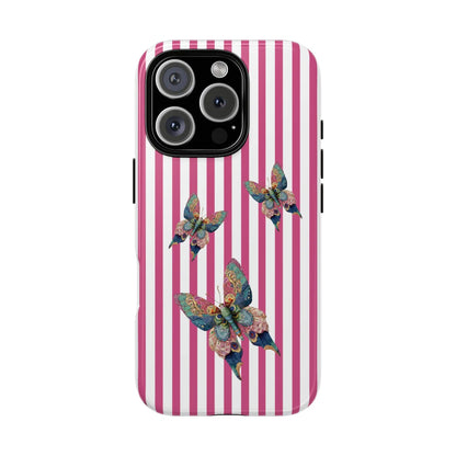Vibrant pink and white floral butterfly pink stripe phone case with three multicolored butterflies on the back side