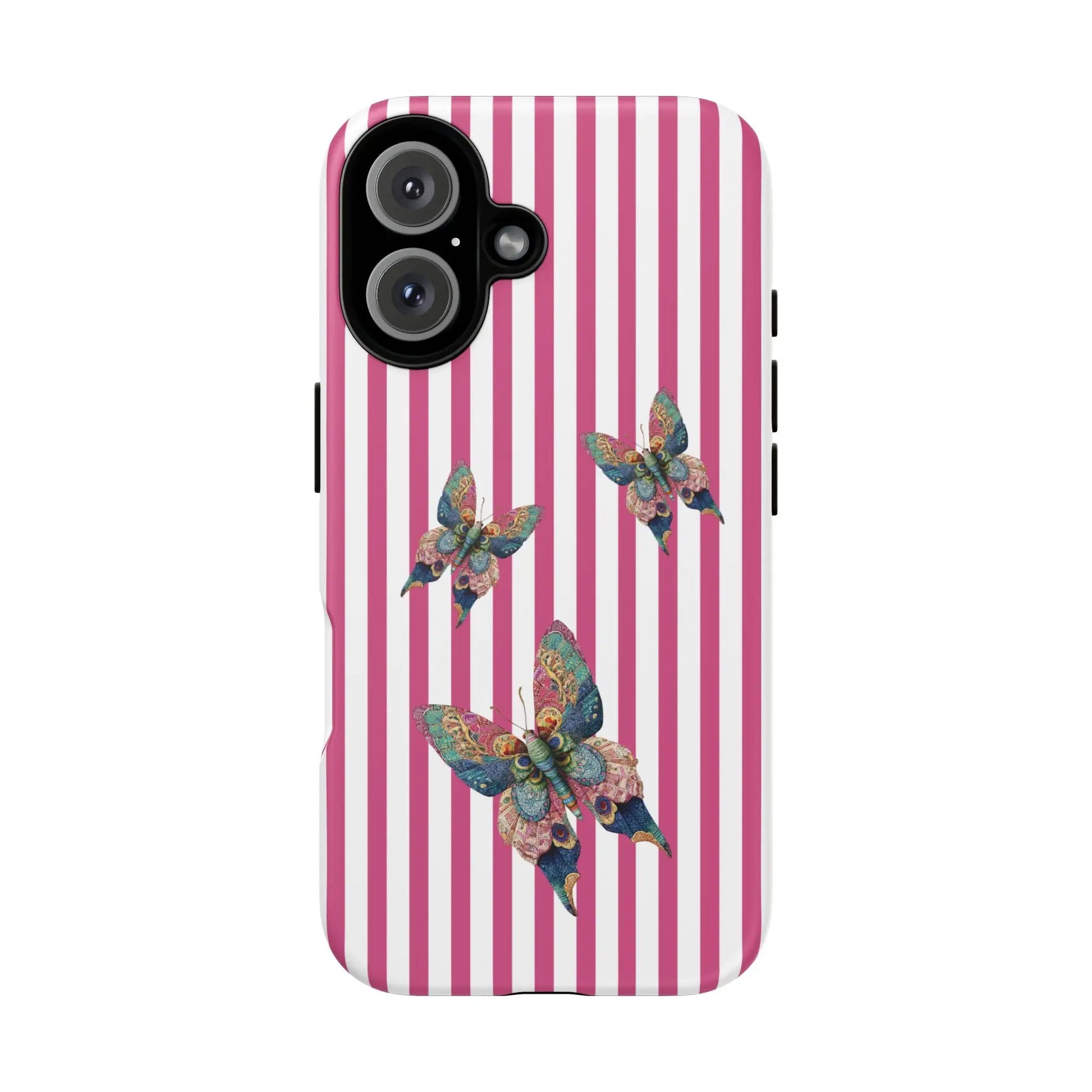 Phone case with vertical pink and white stripes and blue green pink butterflies floral butterfly pink design back view
