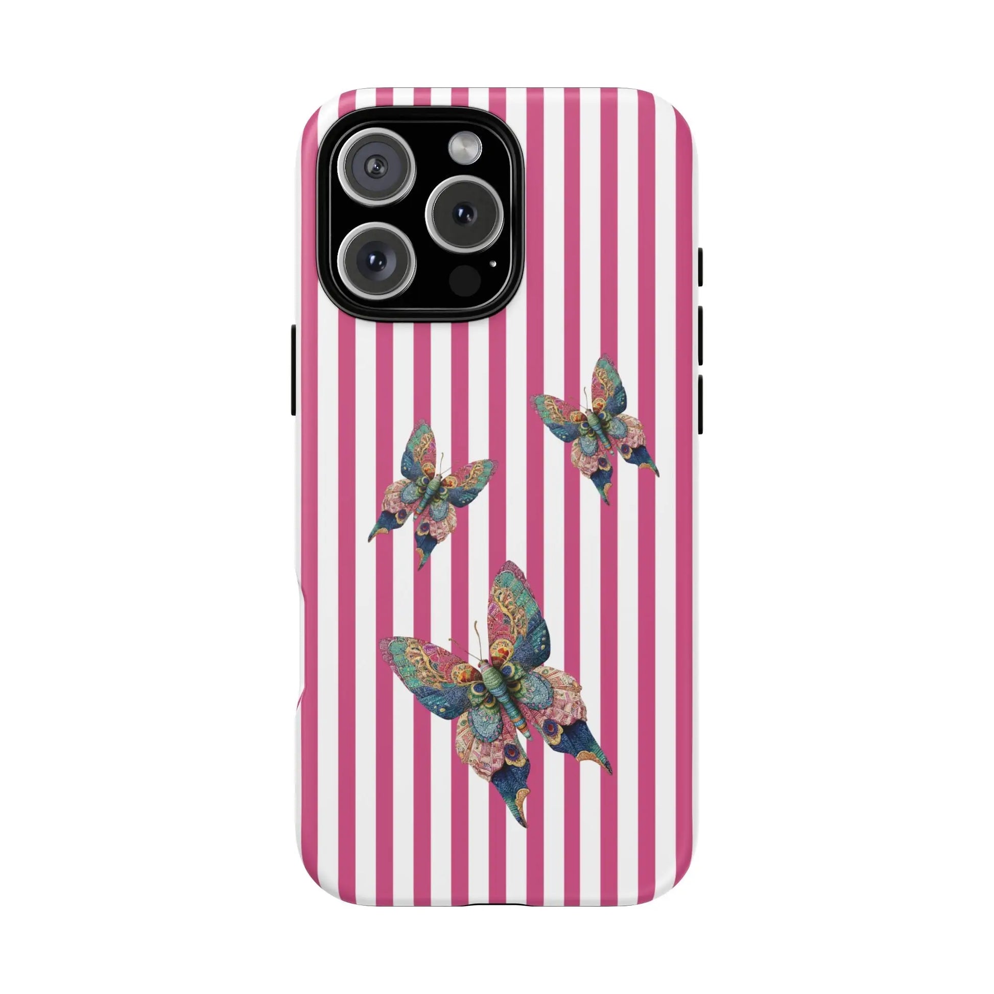 Back of a floral butterfly pink stripe phone case with vibrant pink and white stripes and three multicolored butterflies