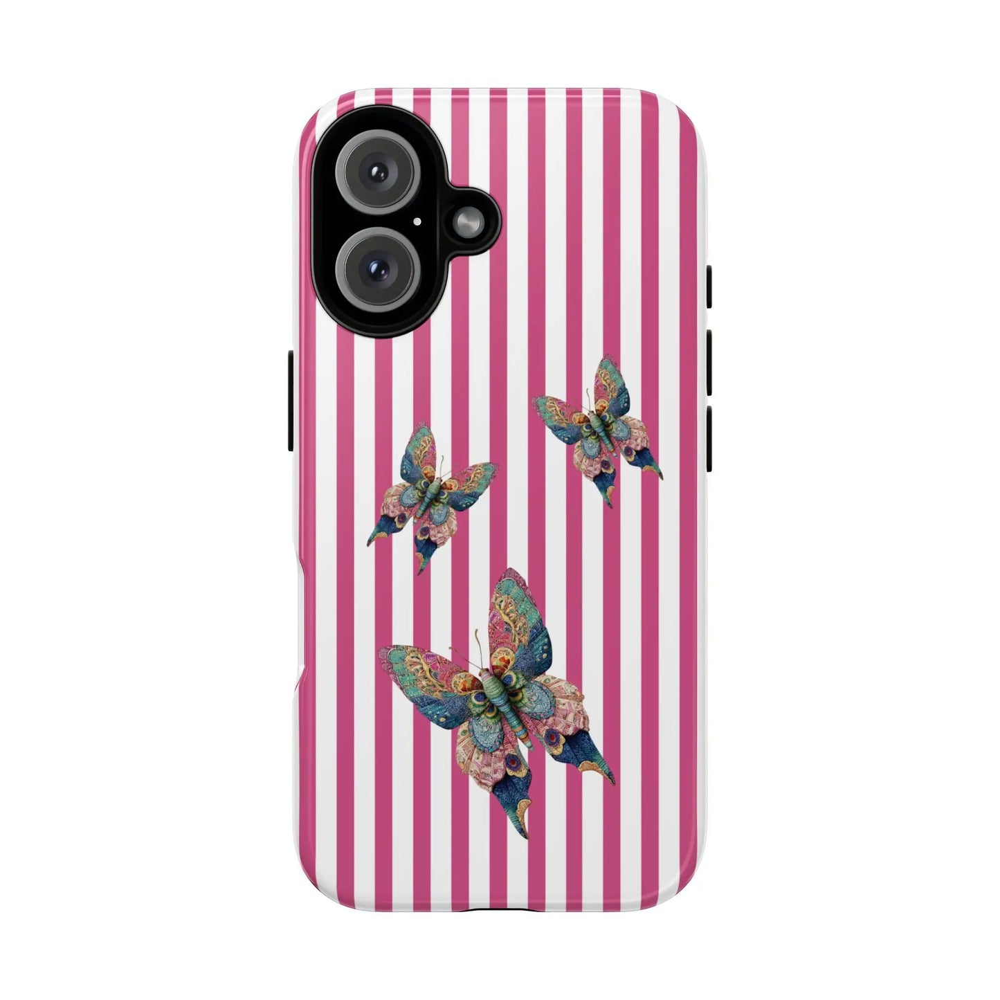 Back side of a floral butterfly pink stripe phone case with vibrant pink and white stripes and blue green gold butterflies