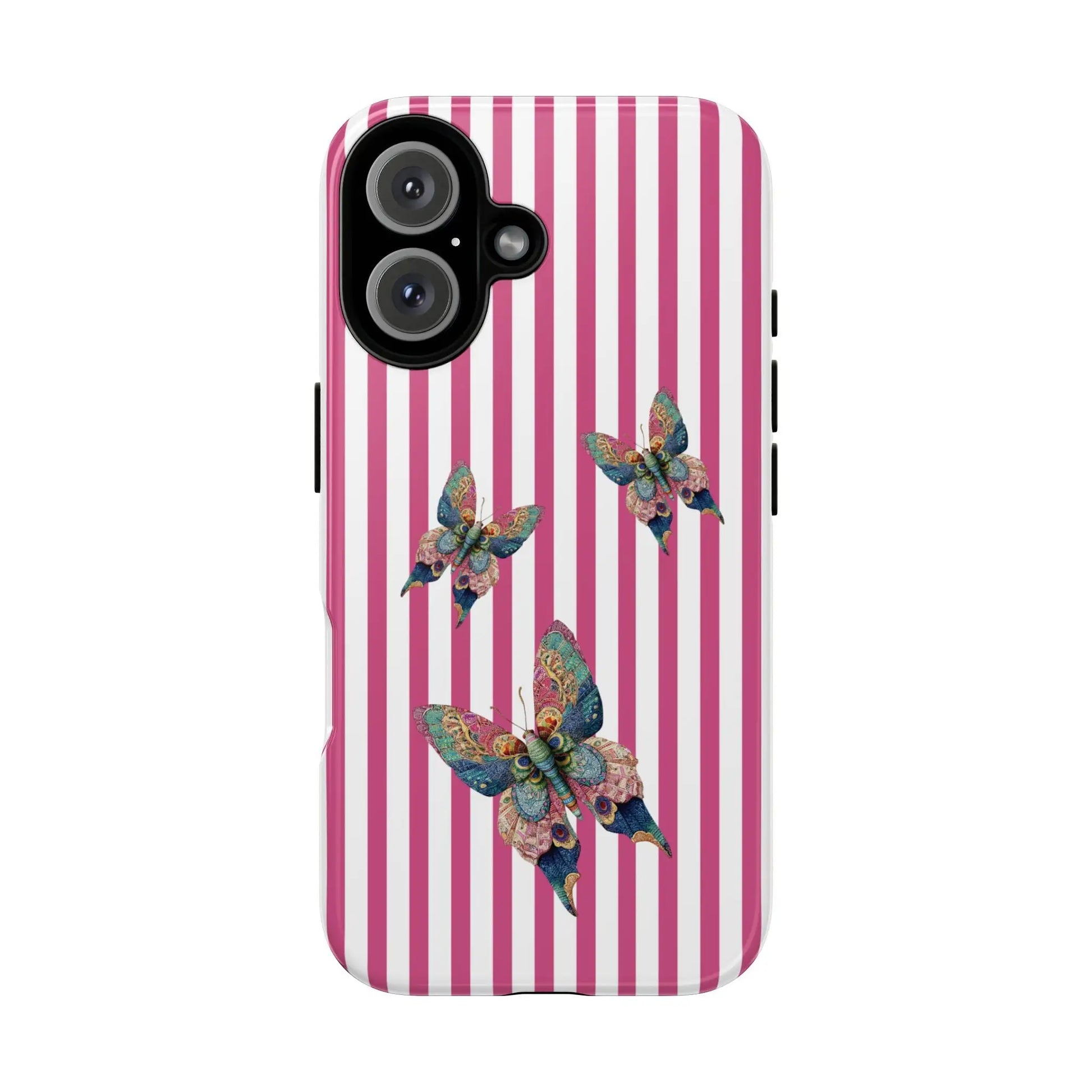Back side of a floral butterfly pink stripe phone case with vibrant pink and white stripes and blue green gold butterflies