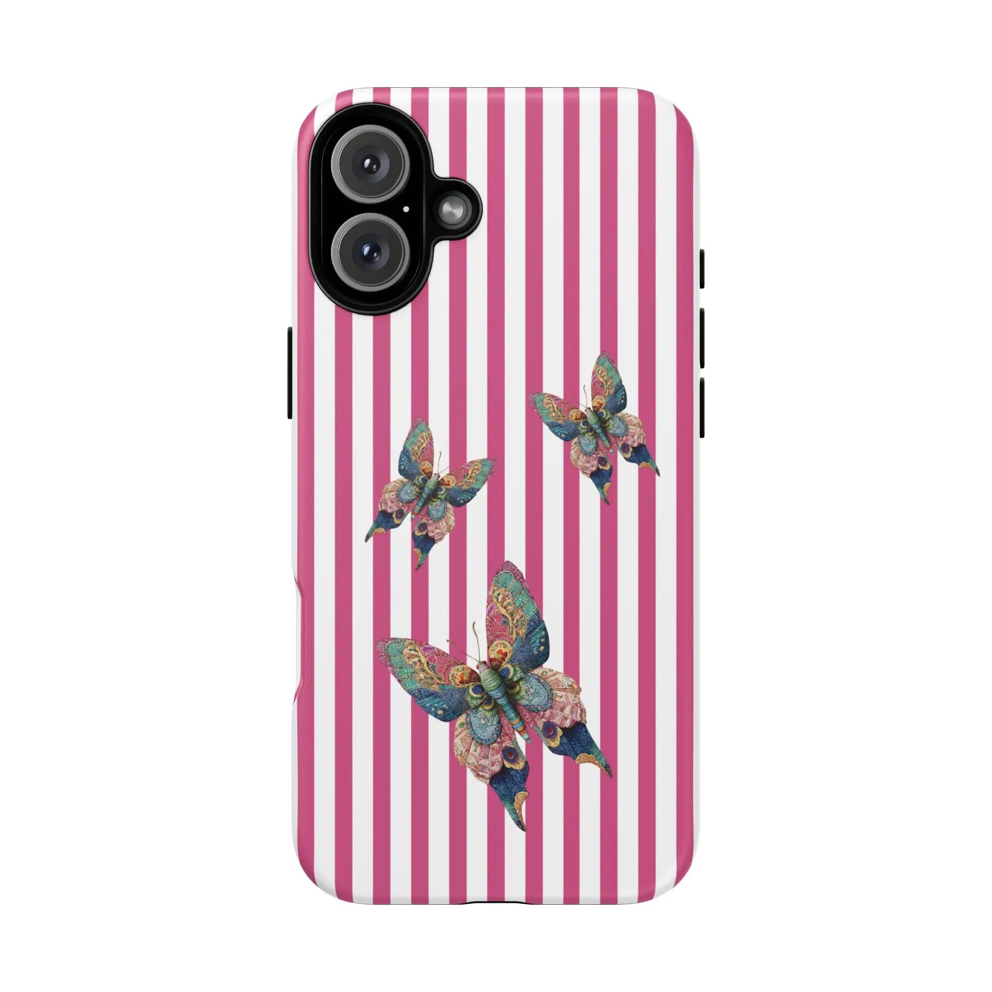 Back of a floral butterfly pink stripe phone case with vertical pink and white stripes and blue, green, gold butterflies