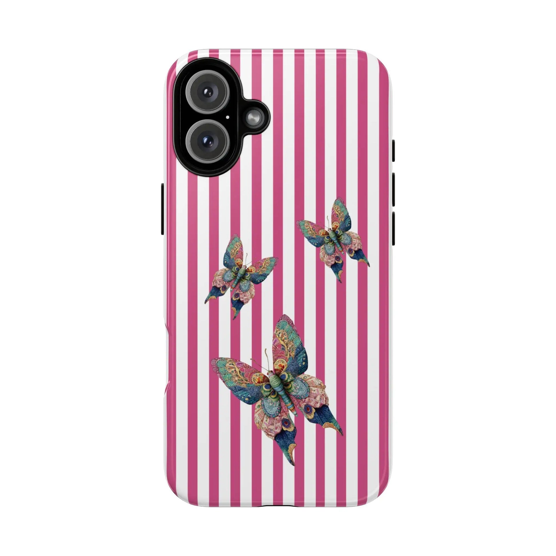 Back side of a floral butterfly pink stripe phone case with vibrant pink and white stripes and multicolored butterflies