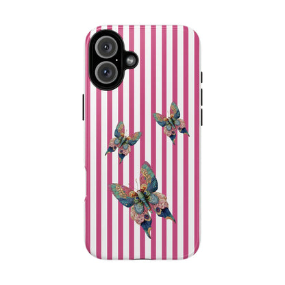 Back side of a floral butterfly pink stripe phone case with vibrant pink and white stripes and multicolored butterflies