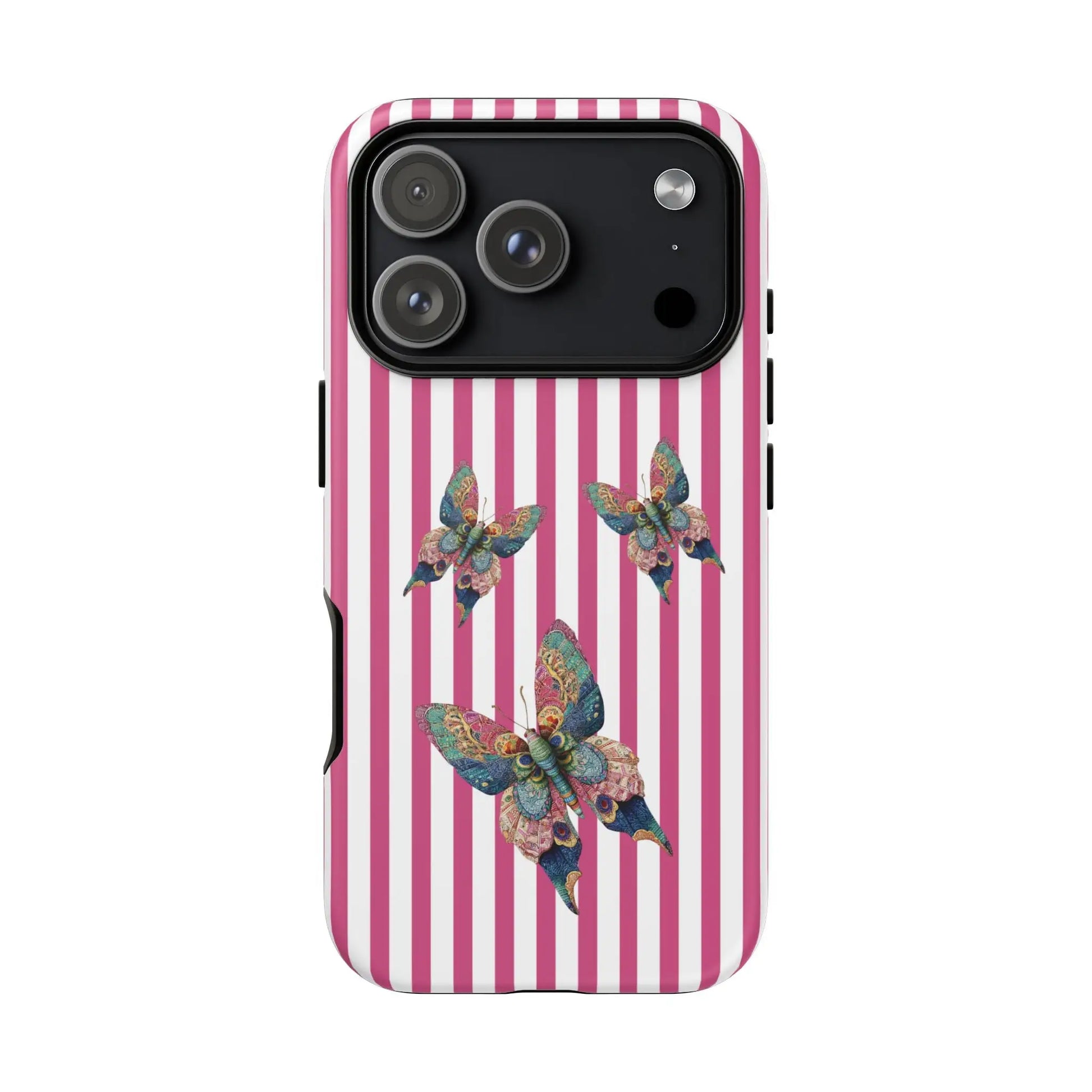 Back side of a floral butterfly pink stripe phone case featuring vibrant pink and white stripes with blue green and gold butterflies