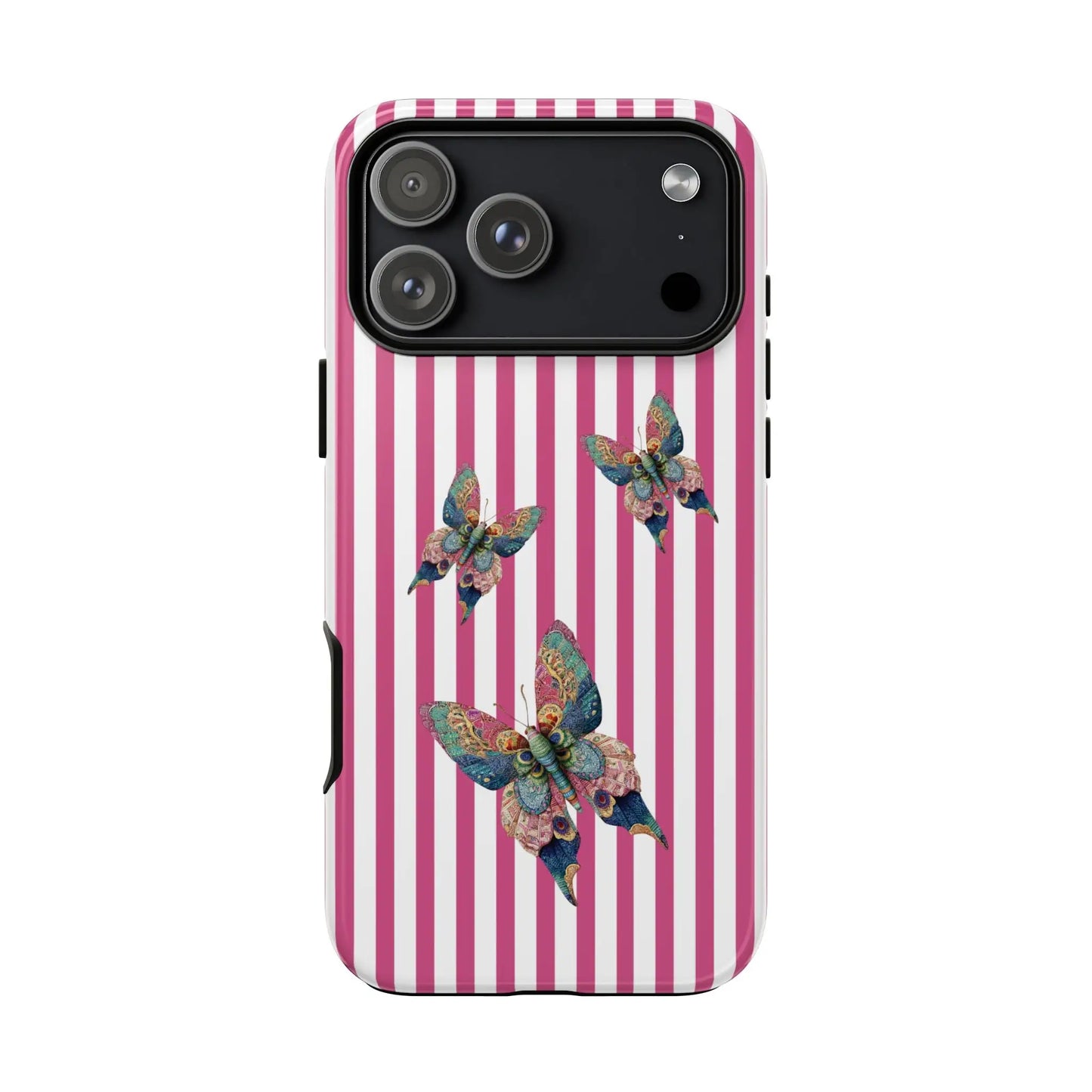 Pink and white striped phone case with three colorful floral butterfly designs on the back for butterfly pink stripe protection