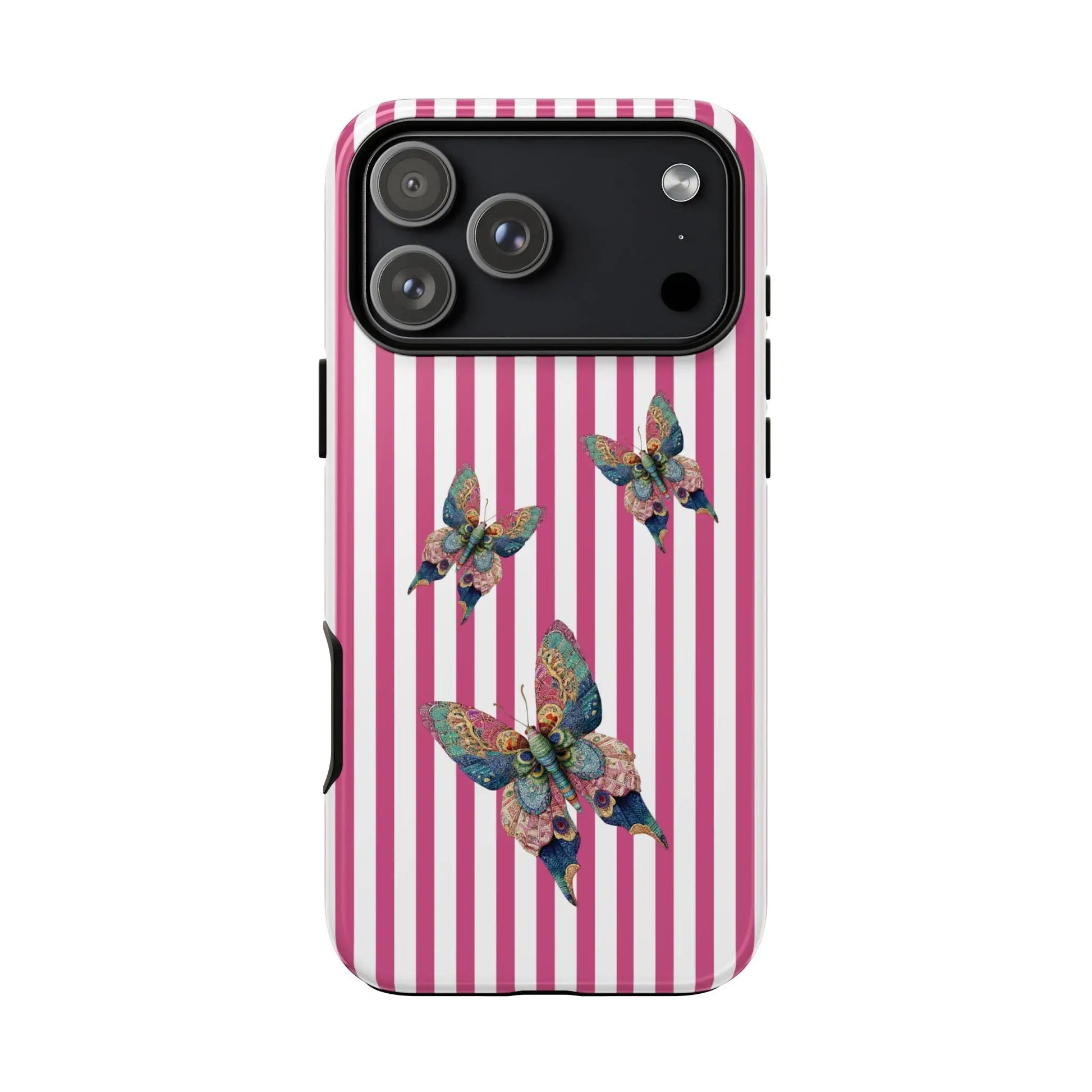 Pink and white striped phone case with three colorful floral butterfly designs on the back for butterfly pink stripe protection