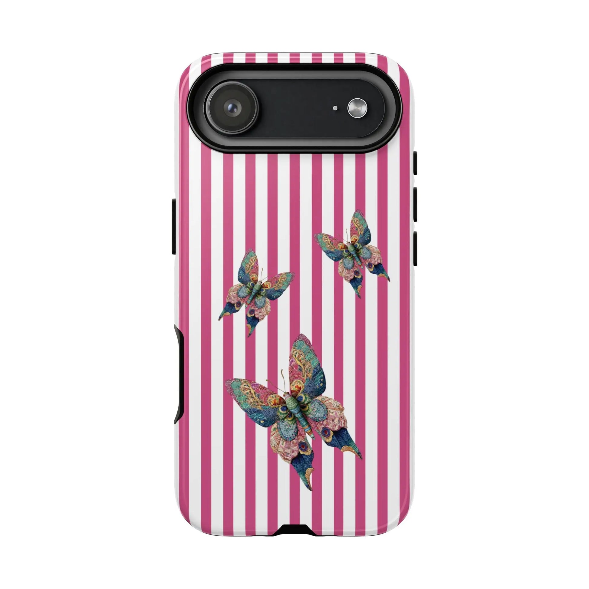 Back side of a vibrant pink and white floral butterfly pink stripe phone case with three multicolored butterflies