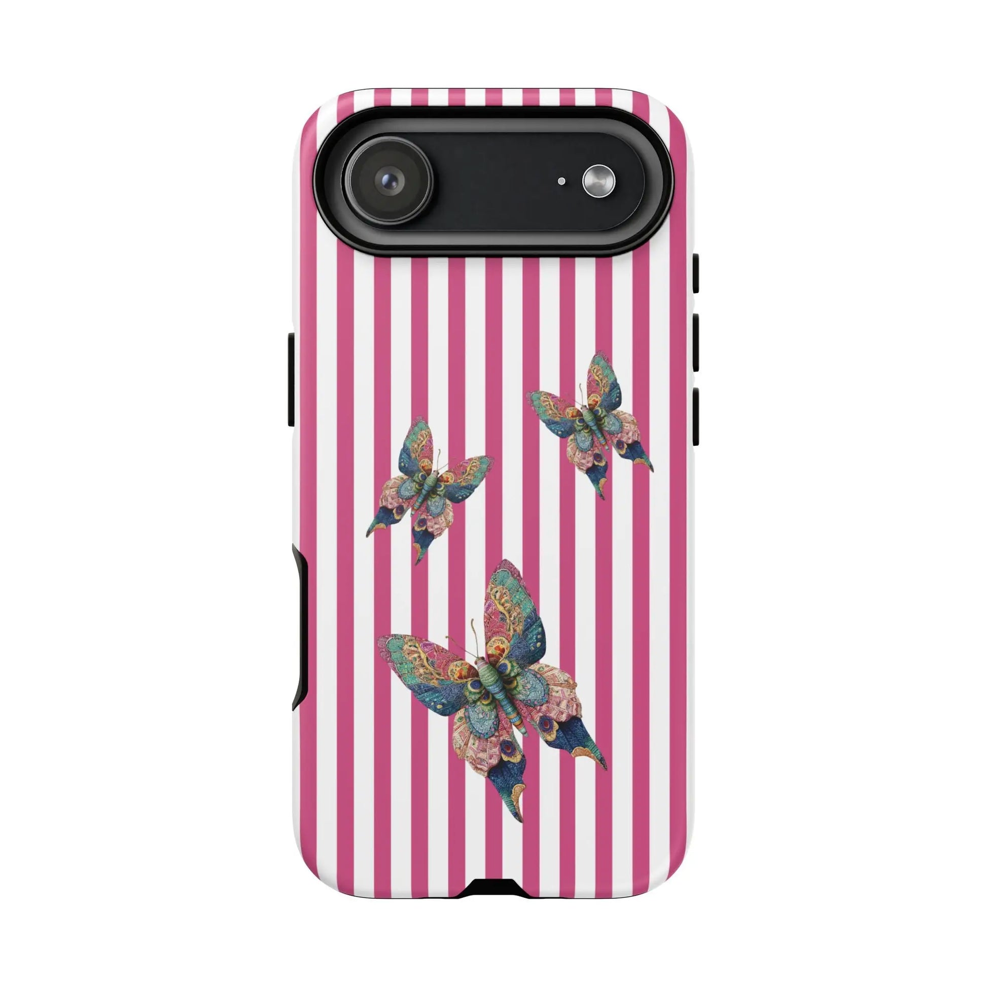 Pink and white striped phone case with colorful floral butterfly designs on the back featuring butterfly pink stripe accents