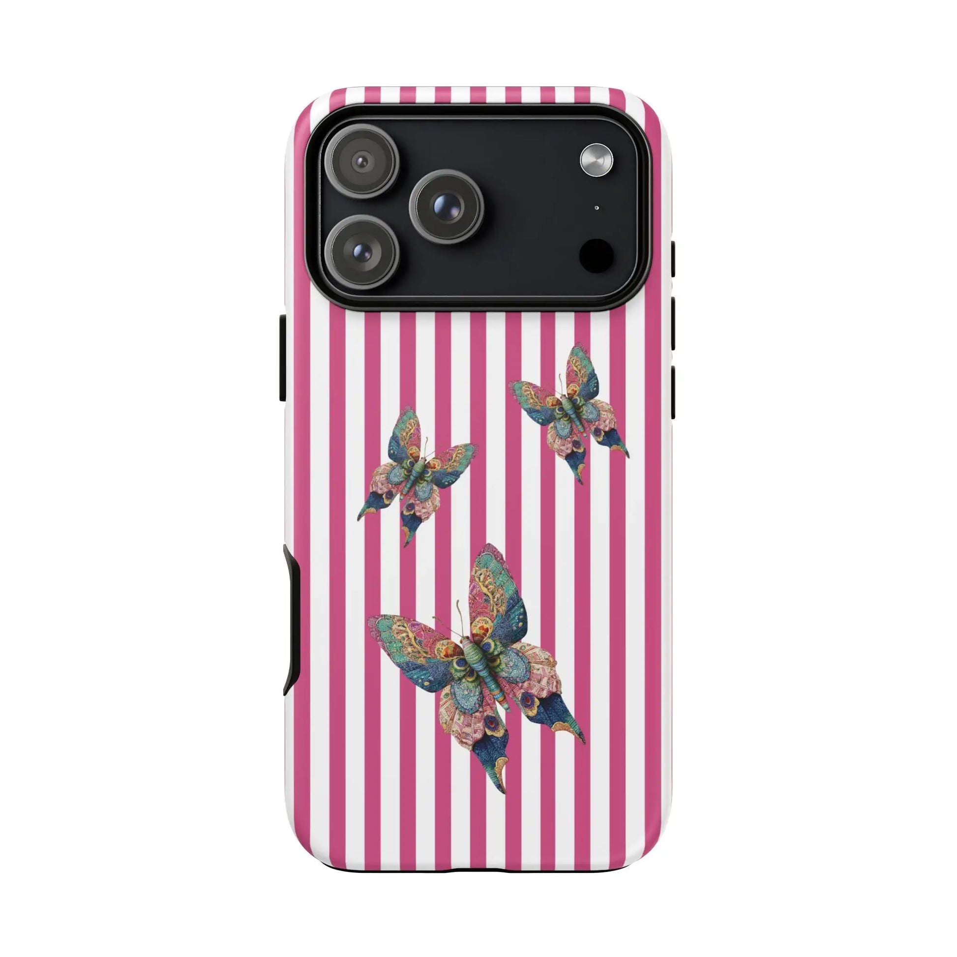 Pink and white striped phone case with three colorful floral butterfly designs showing the back side