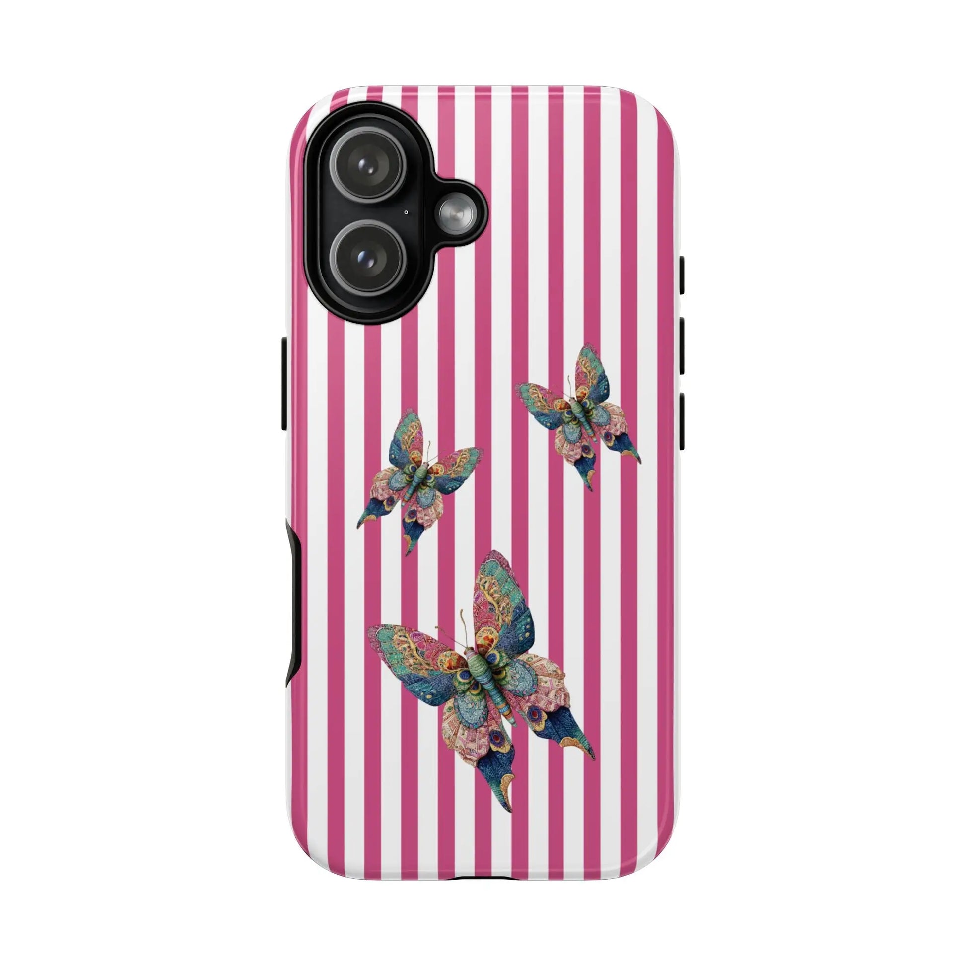 Vibrant floral butterfly pink stripe phone case with three multicolored butterflies on the back for cute protection