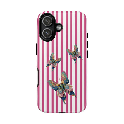 Vibrant floral butterfly pink stripe phone case with three multicolored butterflies on the back for cute protection