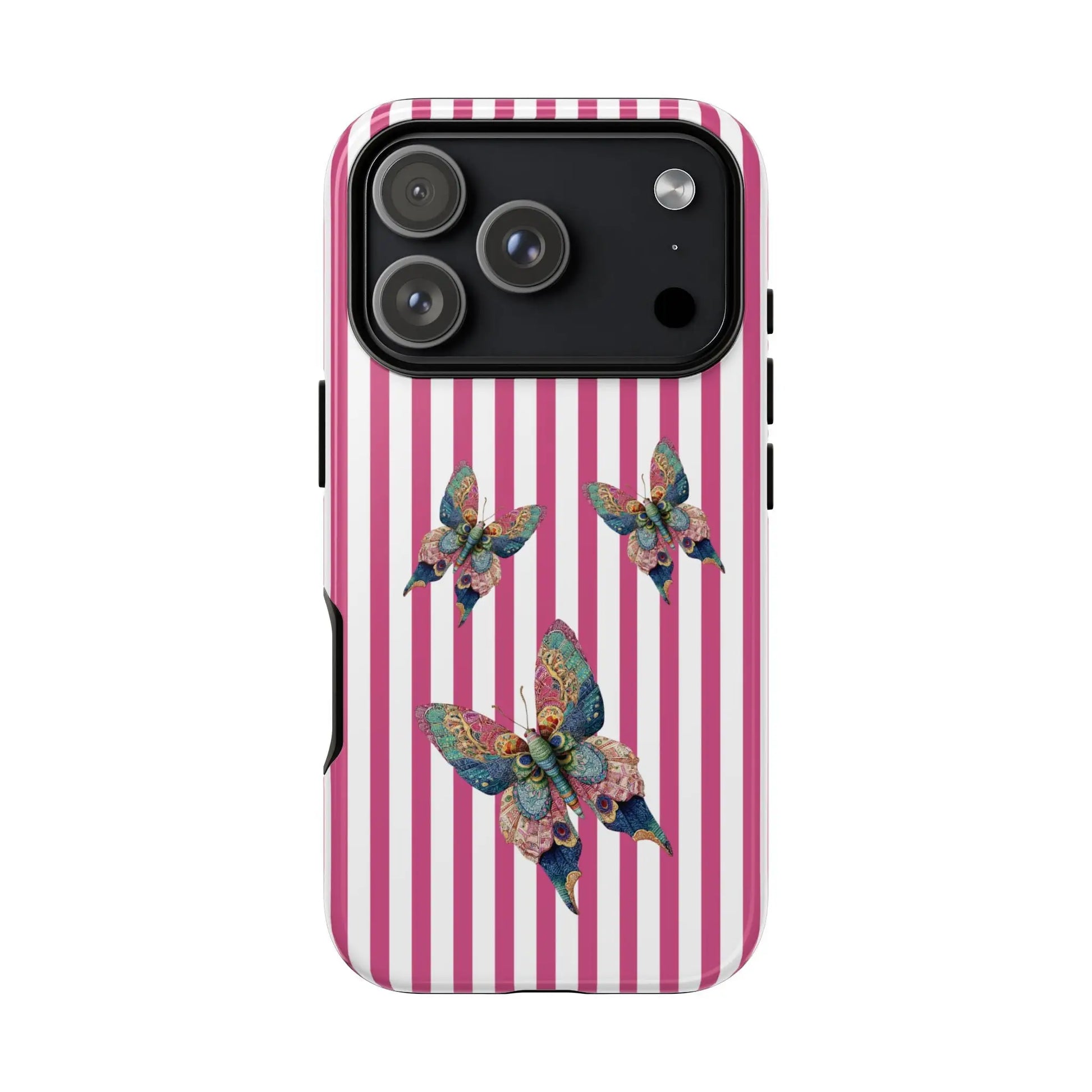 Back side of a vibrant floral butterfly pink phone case with butterfly pink stripe and detailed multicolored butterflies