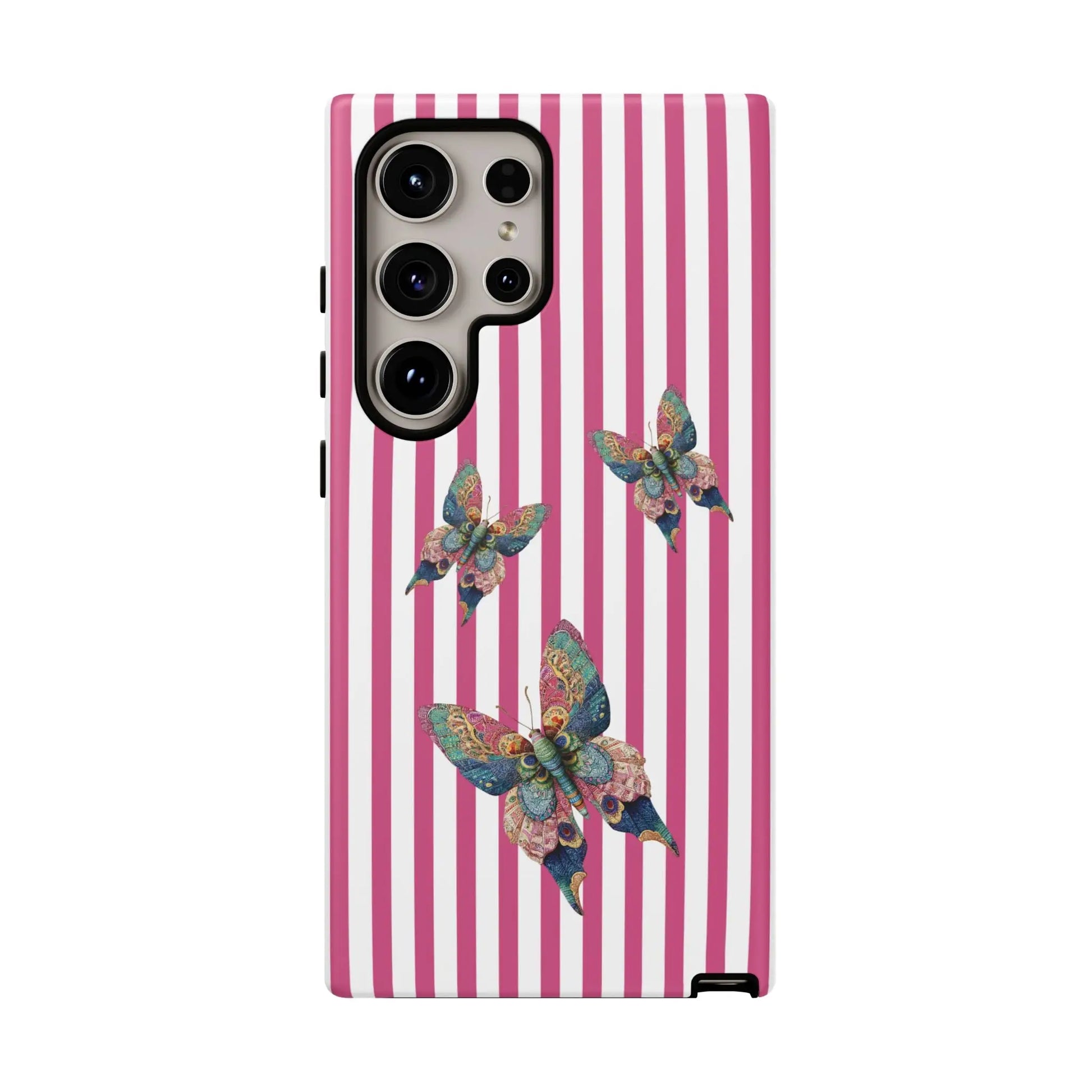 Back of a floral butterfly pink stripe phone case featuring pink and white stripes with three colorful butterflies