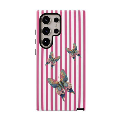 Back of a floral butterfly pink stripe phone case featuring pink and white stripes with three colorful butterflies
