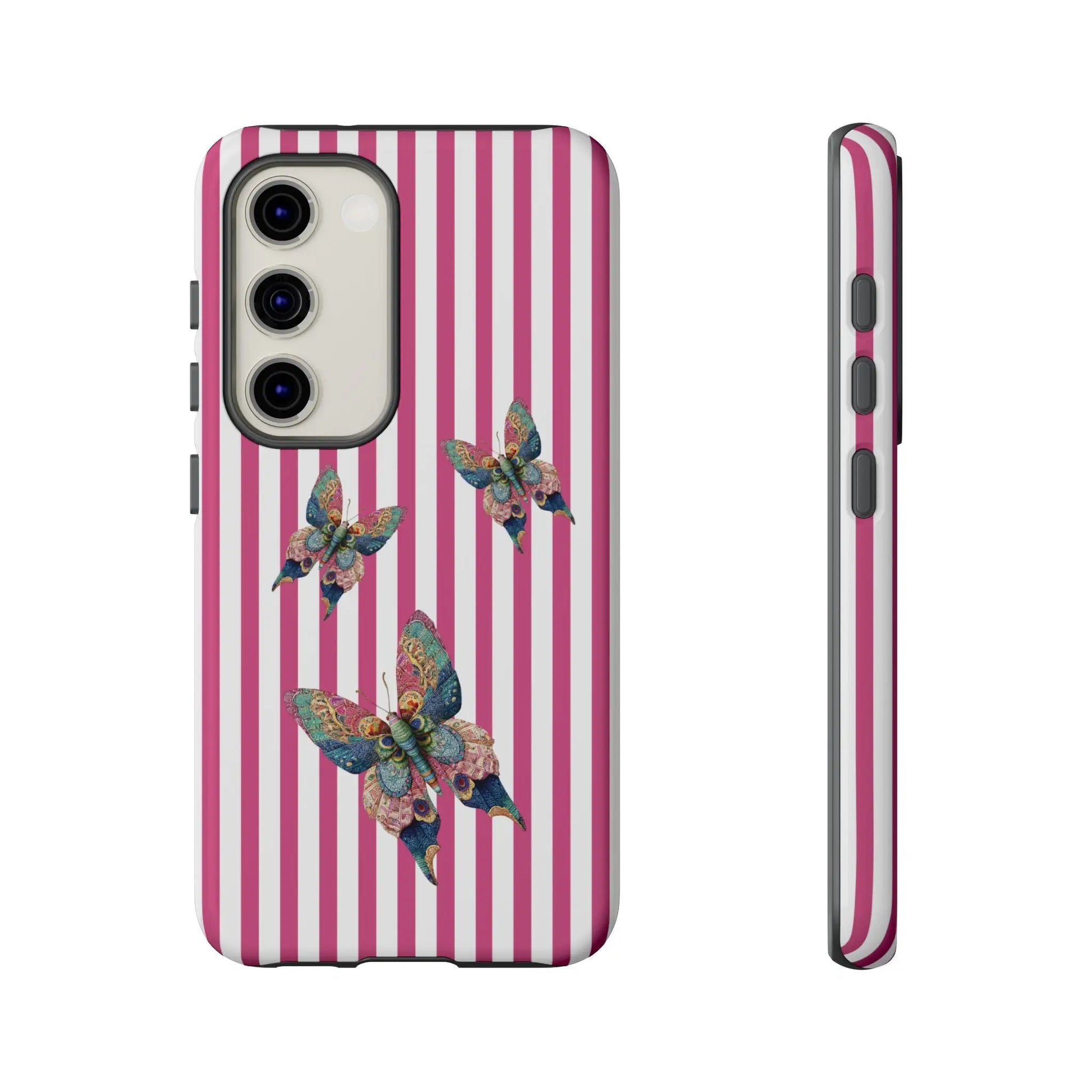 A vibrant floral butterfly pink stripe phone case with multicolored butterflies on the back for cute protection