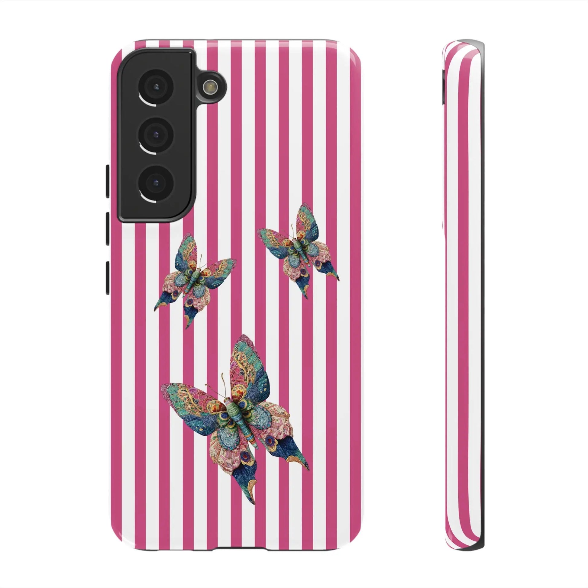 Back of a floral butterfly pink stripe phone case with vibrant pink white stripes and three multicolored butterfly designs