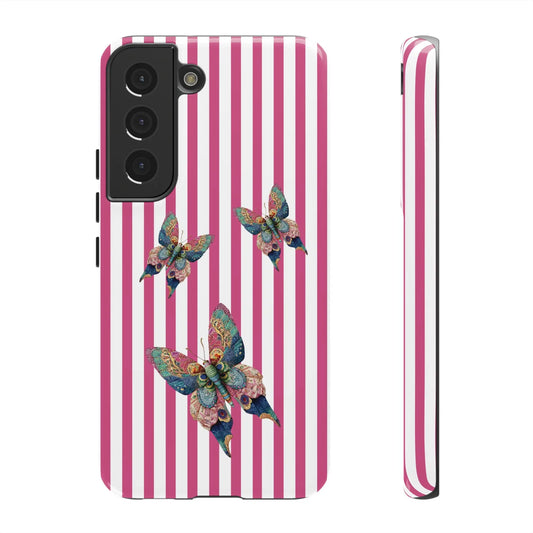 Back of a floral butterfly pink stripe phone case with vibrant pink white stripes and three multicolored butterfly designs