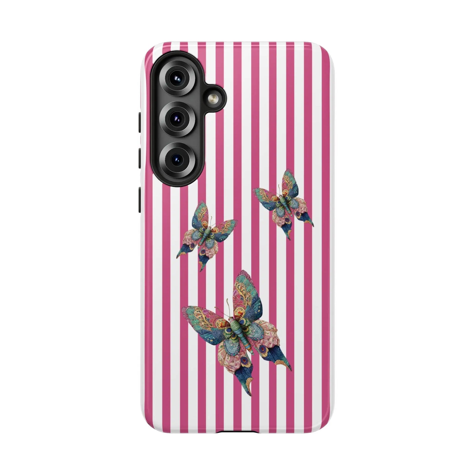 Floral butterfly pink stripe phone case with pink and white stripes and three blue green gold butterflies on the back