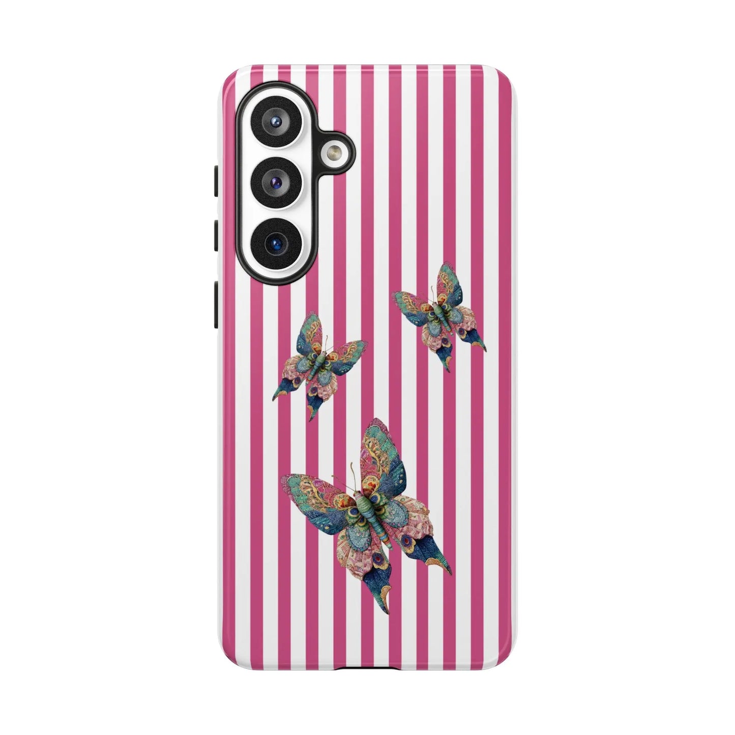 Back side of a floral butterfly pink stripe phone case with vibrant pink and white stripes and three detailed colorful butterflies