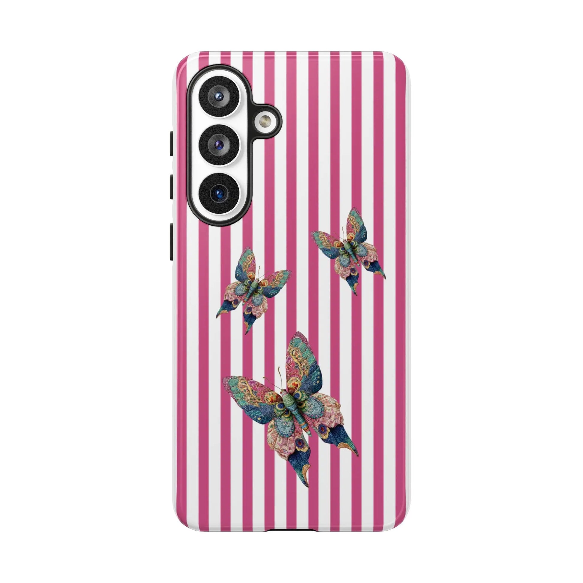 Back side of a floral butterfly pink stripe phone case with vibrant pink and white stripes and three detailed colorful butterflies