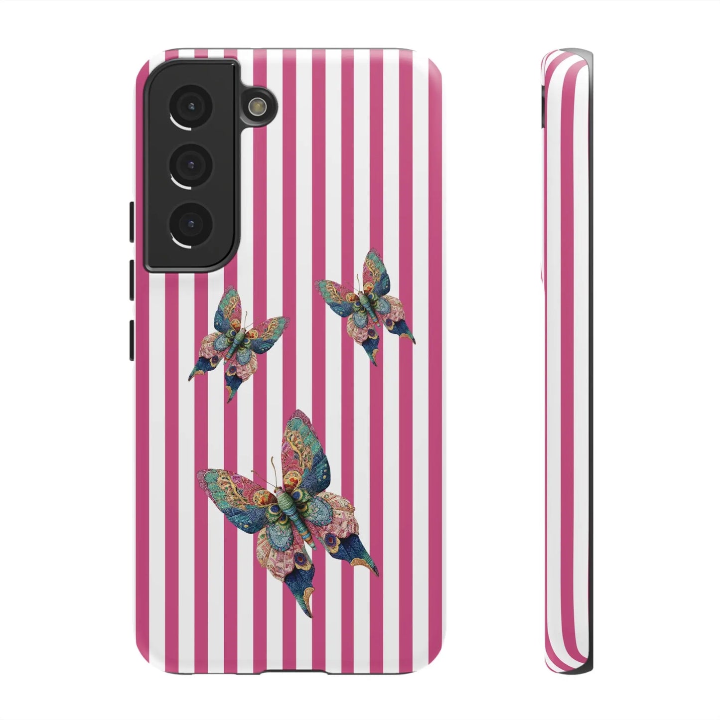 Back side of a vibrant floral butterfly pink stripe phone case with three multicolored intricately designed butterflies
