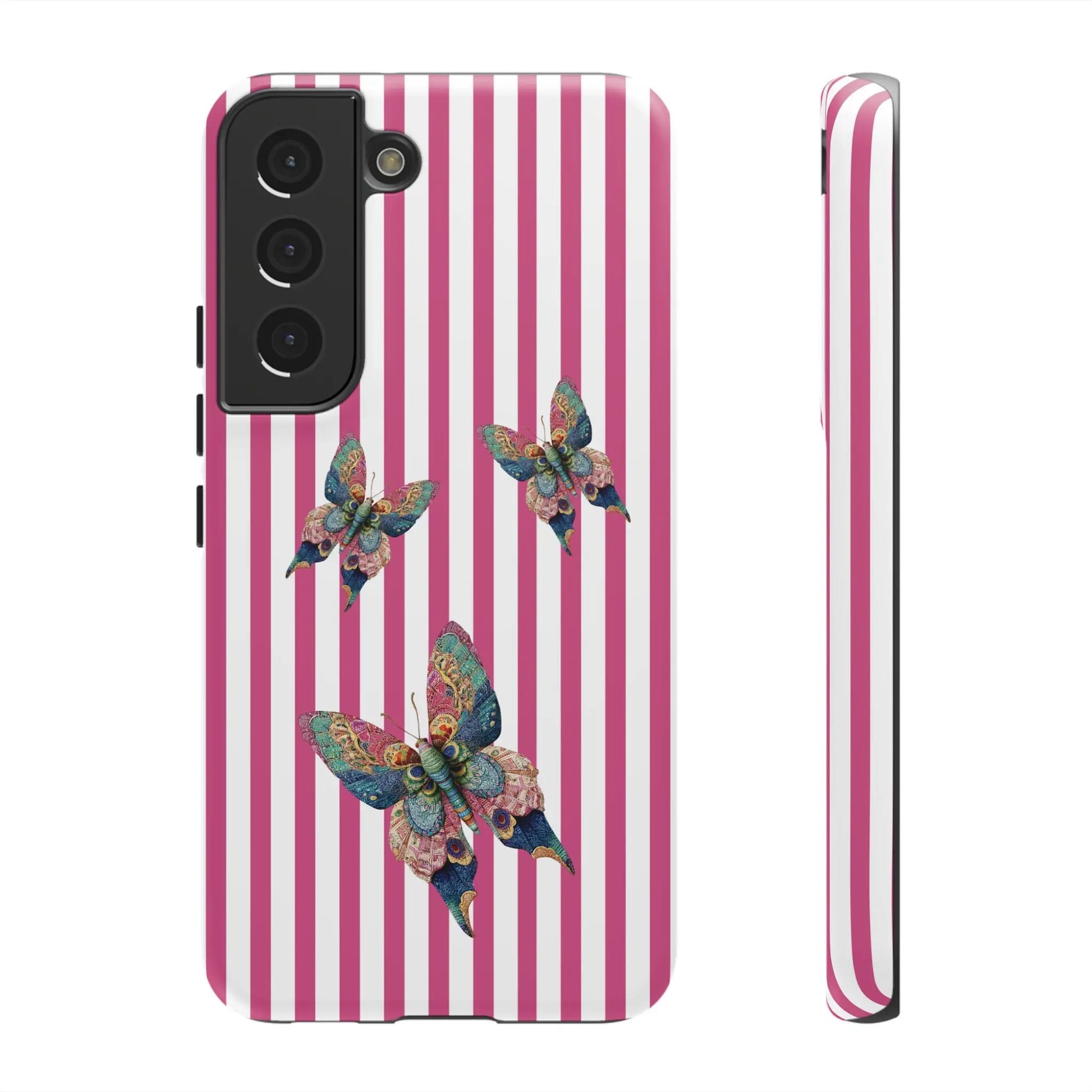 Back side of a vibrant floral butterfly pink stripe phone case with three multicolored intricately designed butterflies