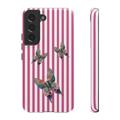 Back side of a vibrant floral butterfly pink stripe phone case with three multicolored intricately designed butterflies