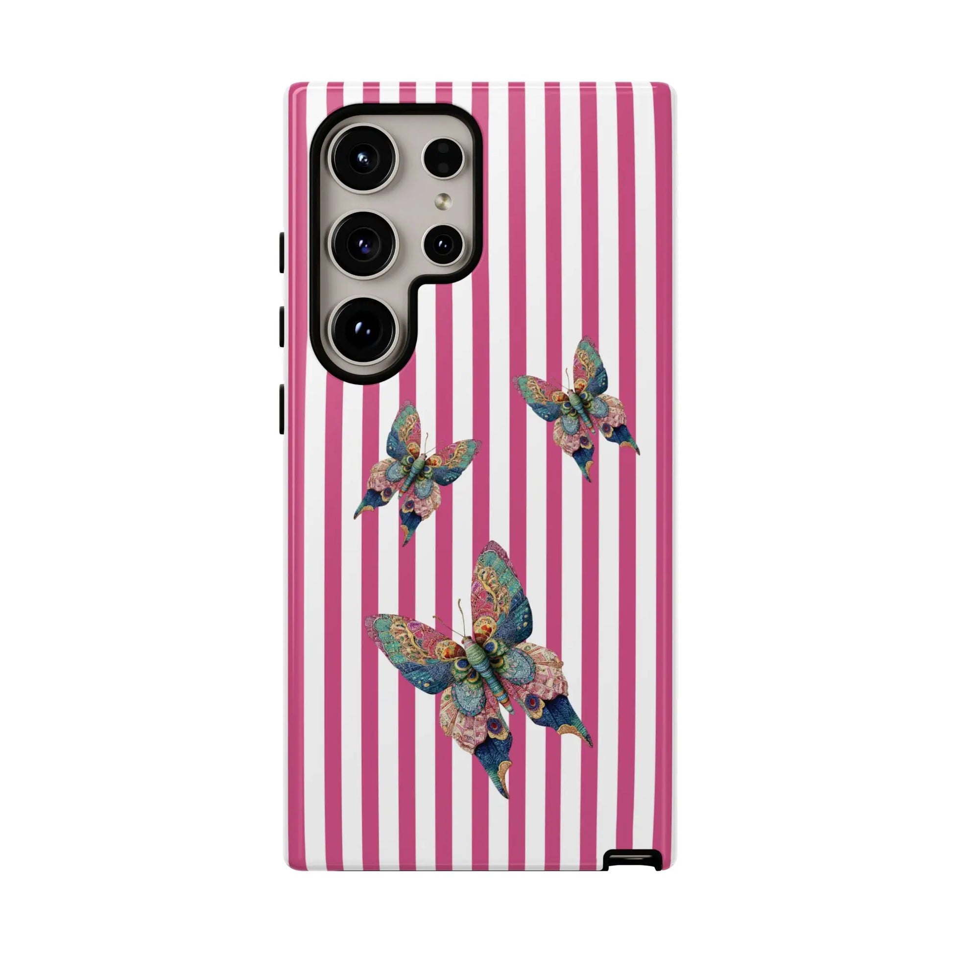 Floral butterfly pink stripe phone case with vibrant pink and white stripes and three multicolored butterfly designs on back