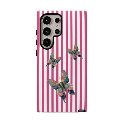 Floral butterfly pink stripe phone case with vibrant pink and white stripes and three multicolored butterfly designs on back