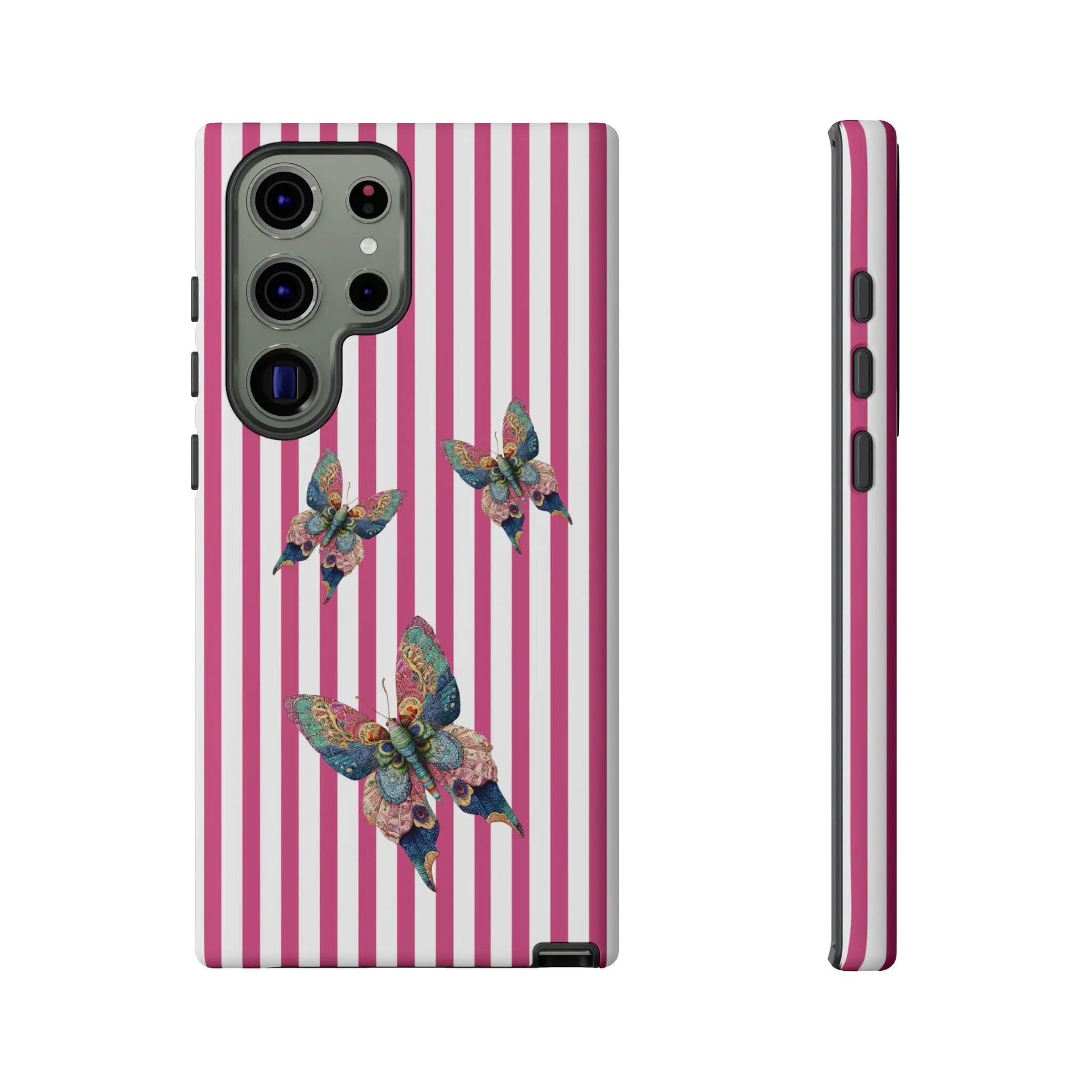 Back view of a floral butterfly pink stripe phone case with vibrant multicolored butterflies and pink white stripes