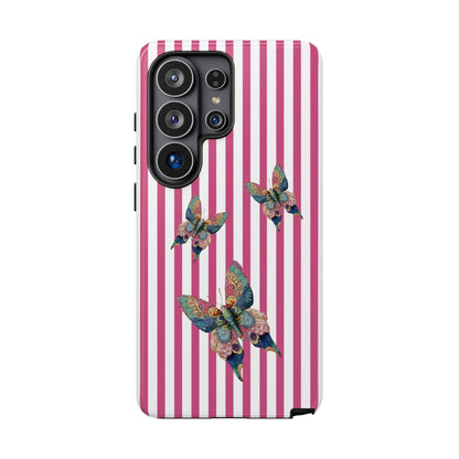 Back of a floral butterfly pink stripe phone case with pink and white stripes and three colorful detailed butterflies