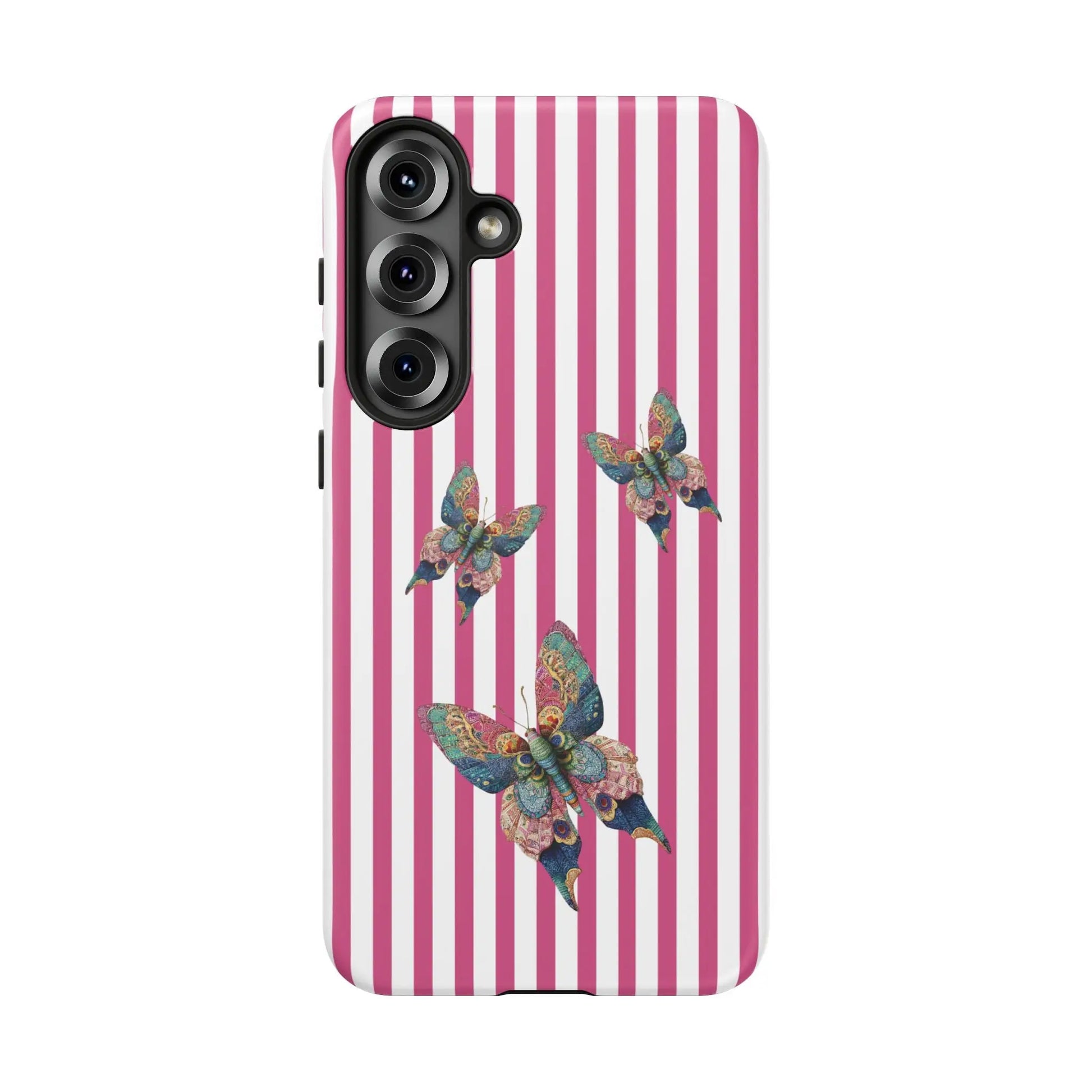 Floral butterfly pink stripe phone case with vertical pink and white stripes and three blue green gold butterflies on back