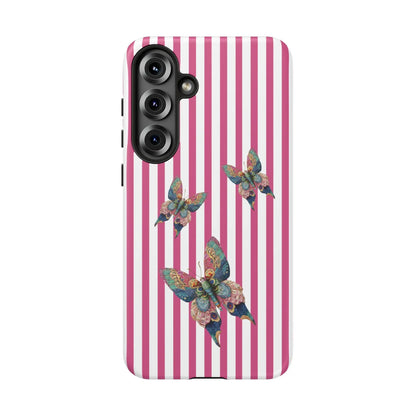 Floral butterfly pink stripe phone case with vertical pink and white stripes and three blue green gold butterflies on back