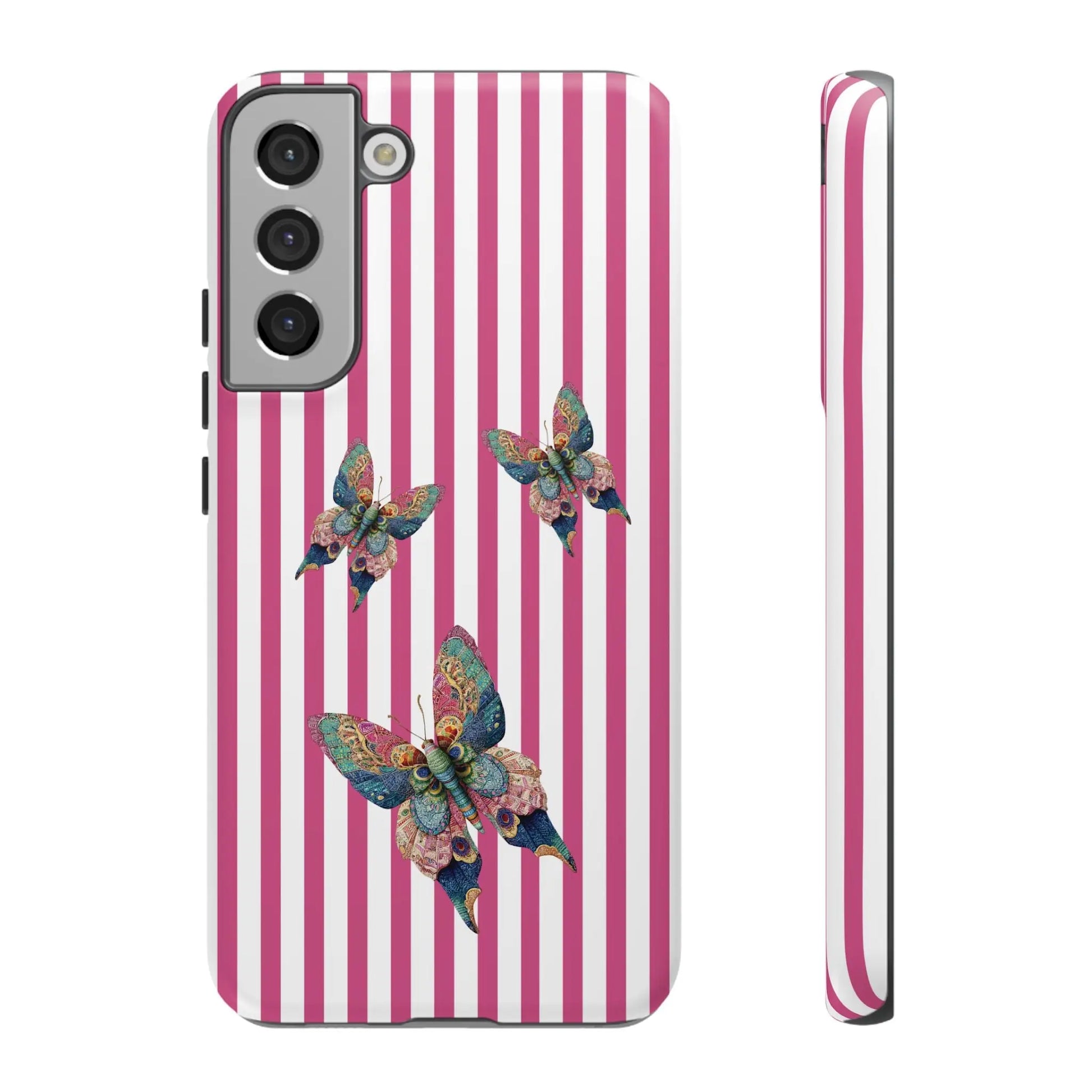 Back side of a vibrant floral butterfly pink stripe phone case with multicolored butterflies for cute protection