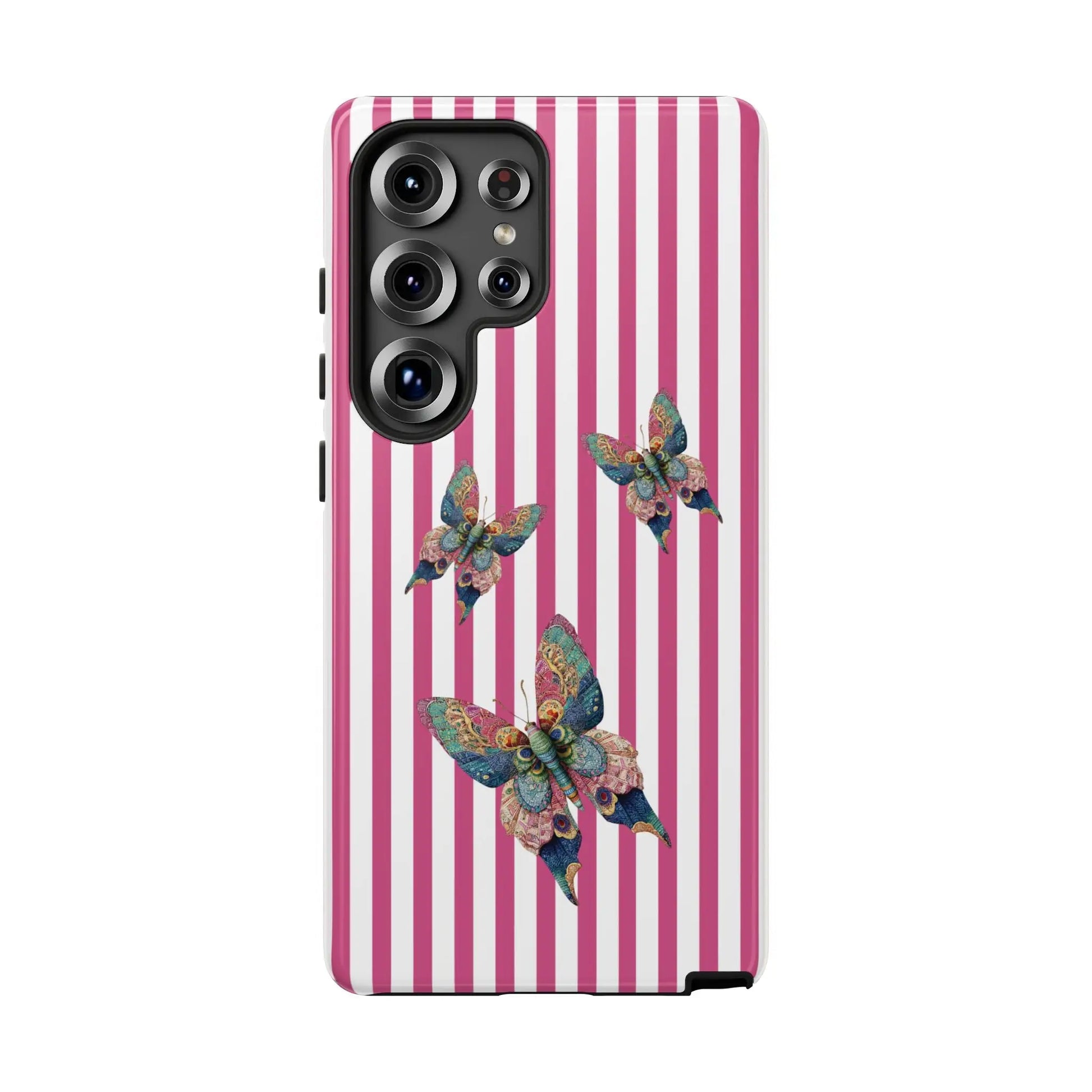 Back of a floral butterfly pink stripe phone case with vibrant pink and white stripes and multicolored butterflies design