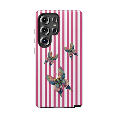 Back of a floral butterfly pink stripe phone case with vibrant pink and white stripes and multicolored butterflies design