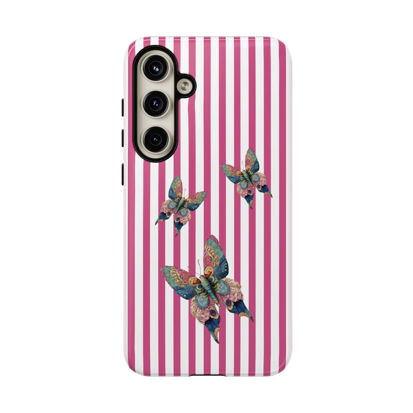 Floral butterfly pink stripe phone case with pink and white stripes and blue green gold butterfly design on the back side