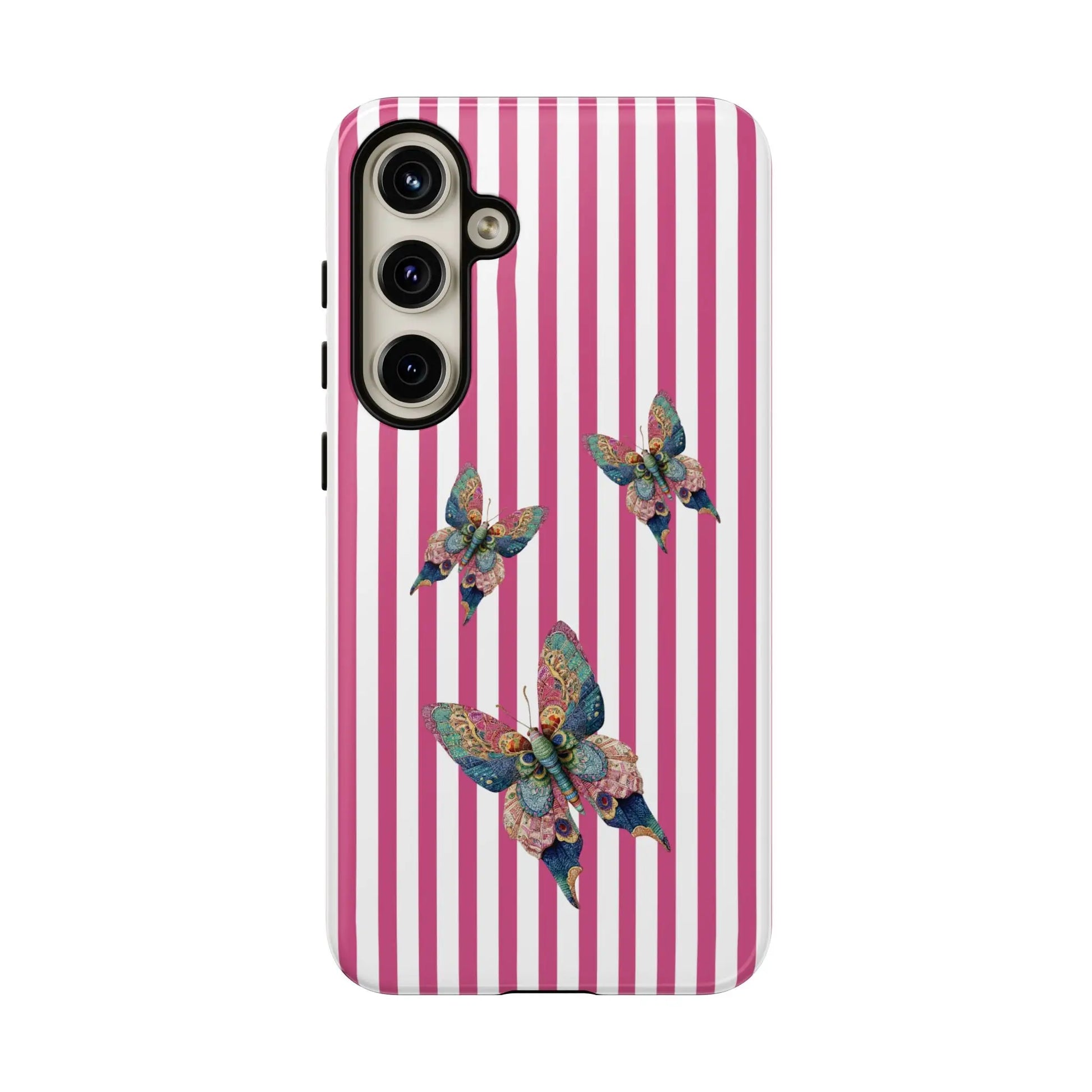 Floral butterfly pink stripe phone case with pink and white stripes and blue green gold butterfly design on the back side