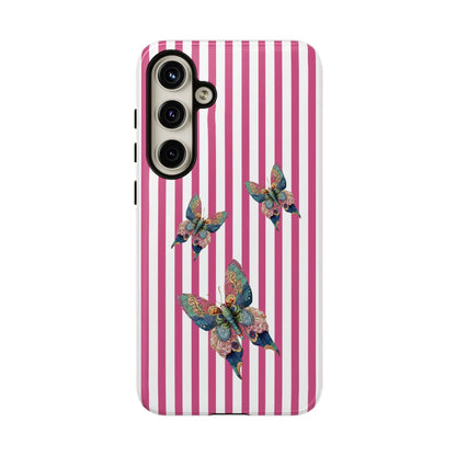 Floral butterfly pink stripe phone case with pink and white stripes and blue green gold butterfly design on the back side