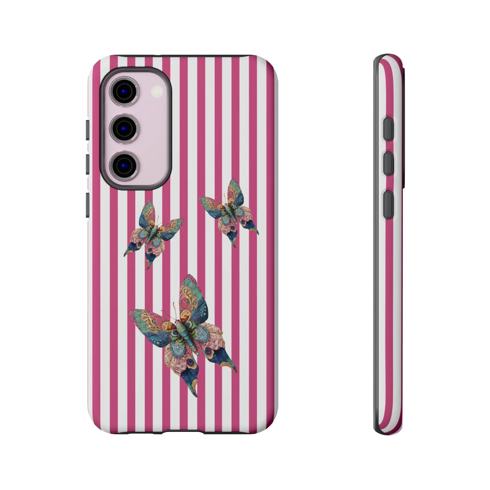 Back side of a phone case with vertical pink and white stripes featuring blue green and gold floral butterfly designs
