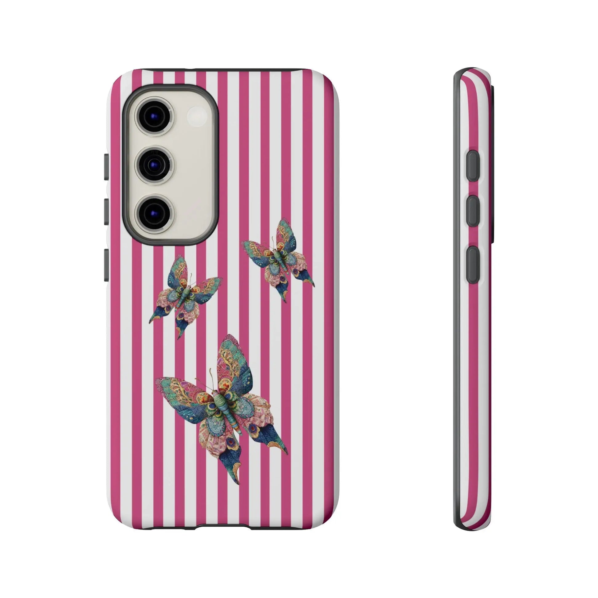 Back of a floral butterfly pink stripe phone case with pink and white stripes and colorful butterfly designs