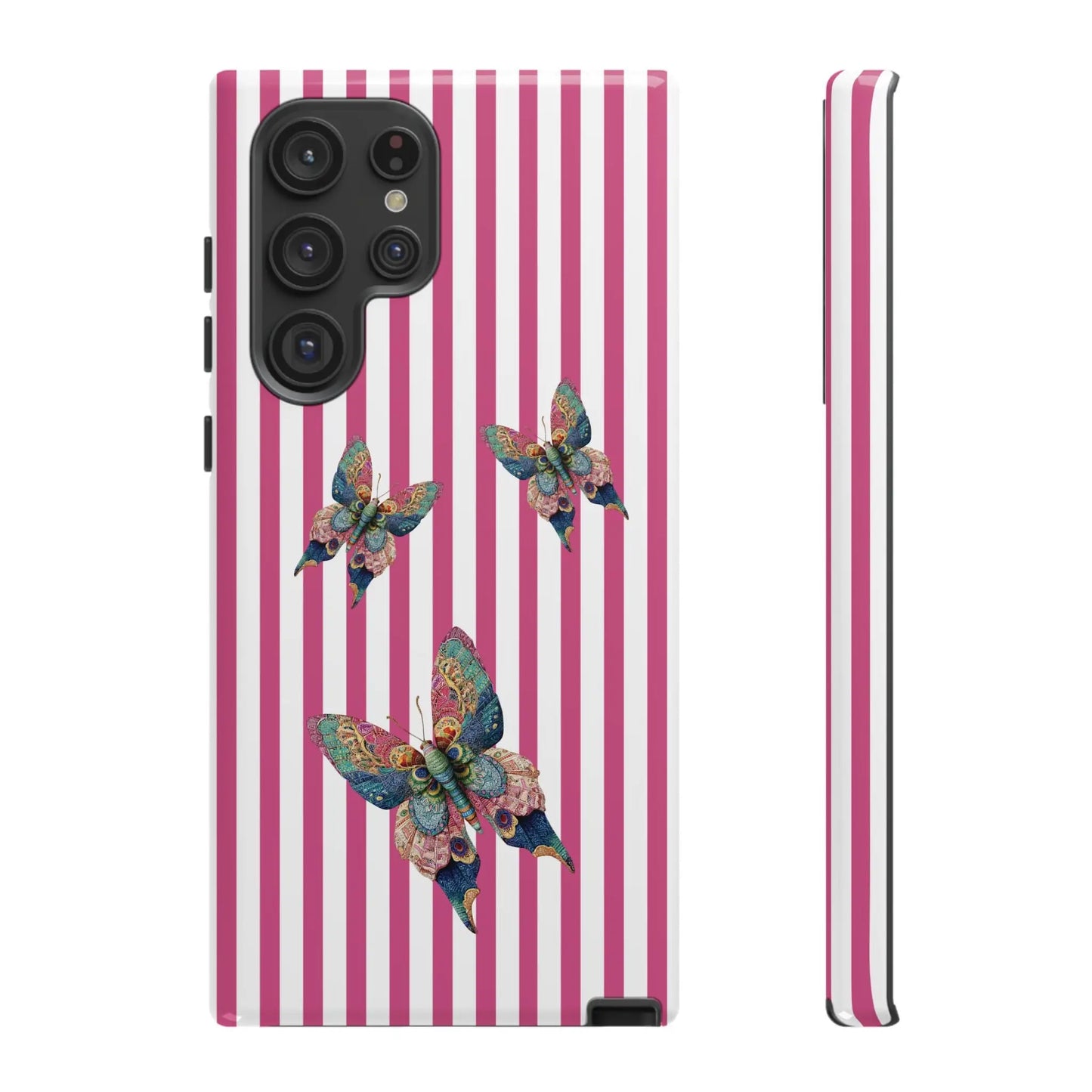 Floral butterfly pink stripe phone case with vibrant pink and white stripes and multicolored butterfly design on the back