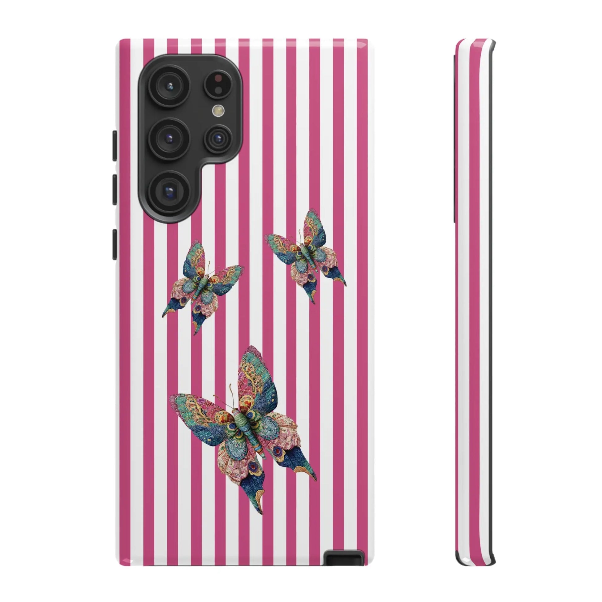 Floral butterfly pink stripe phone case with vibrant pink and white stripes and multicolored butterfly design on the back