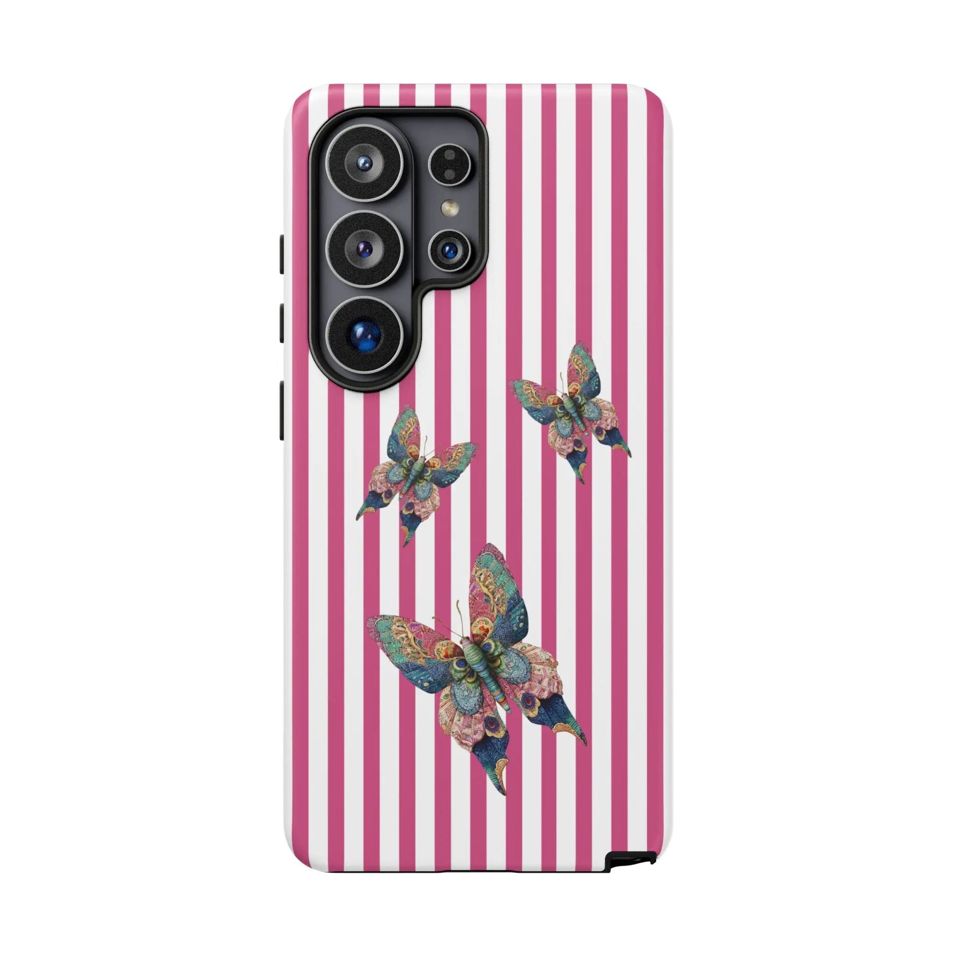 Back of a floral butterfly pink stripe phone case with vertical pink and white stripes and blue green gold butterflies