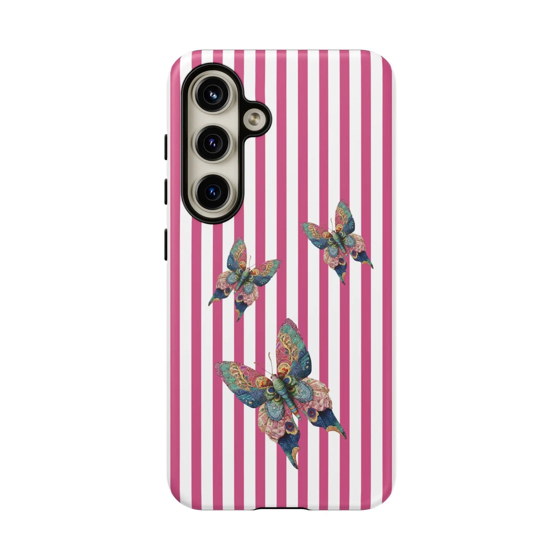Back side of a phone case with vertical pink and white stripes and three detailed floral butterfly pink designs