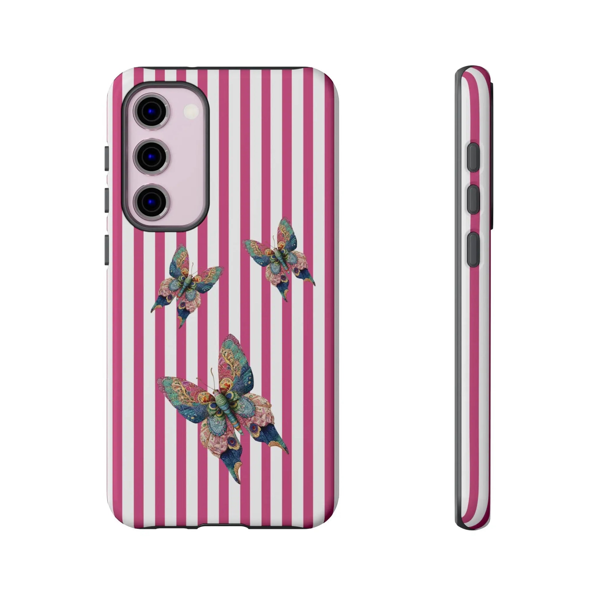 Vibrant floral butterfly pink stripe phone case with three multicolored butterflies on the back side