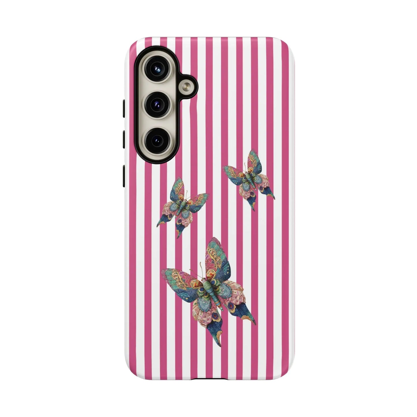 Back of a floral butterfly pink stripe phone case with vertical pink and white stripes and detailed colorful butterflies