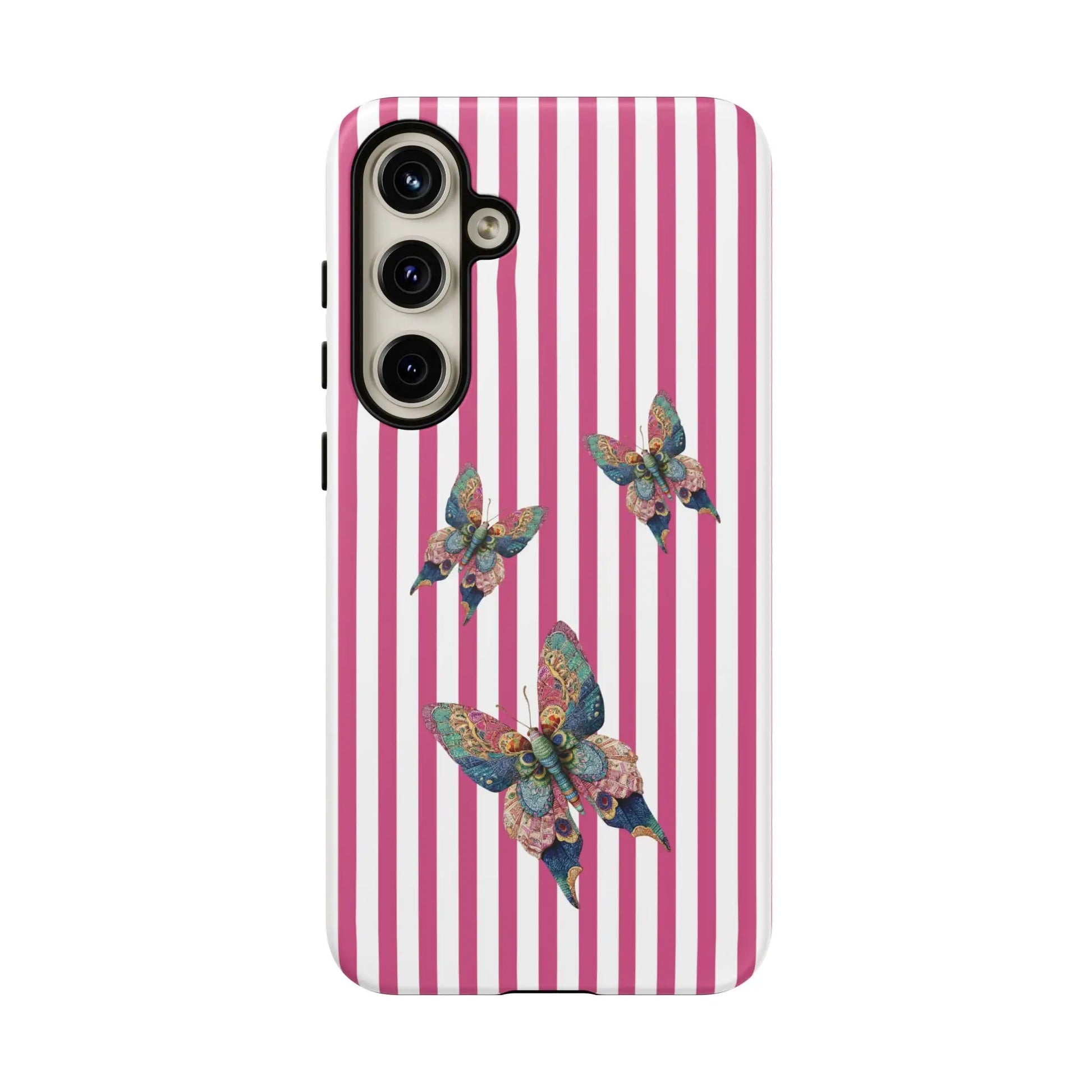 Back of a floral butterfly pink stripe phone case with vertical pink and white stripes and detailed colorful butterflies