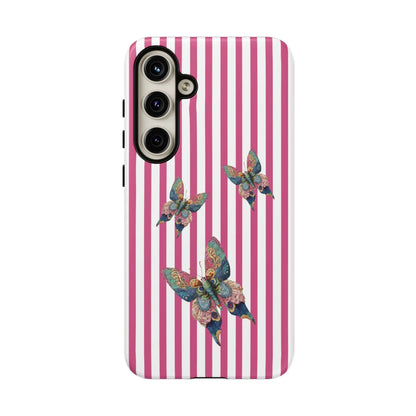 Back of a floral butterfly pink stripe phone case with vertical pink and white stripes and detailed colorful butterflies